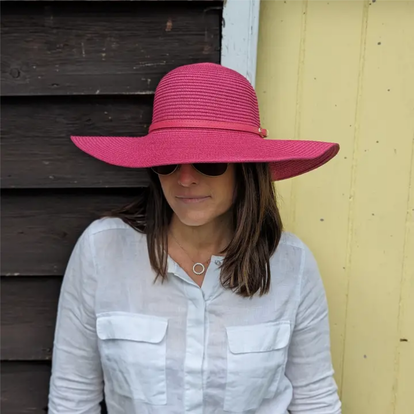 Bright and Bold Wide Brim Foldable Hat - Fuchsia (57cm) on model