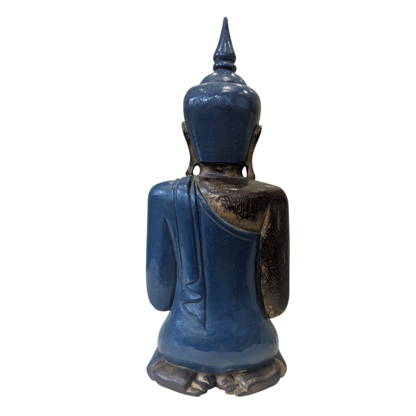 Carved wooden buddha blue back