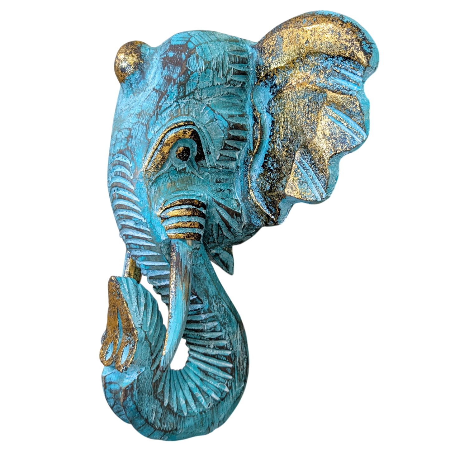 Large, carved wooden Elephant head wall hanging
