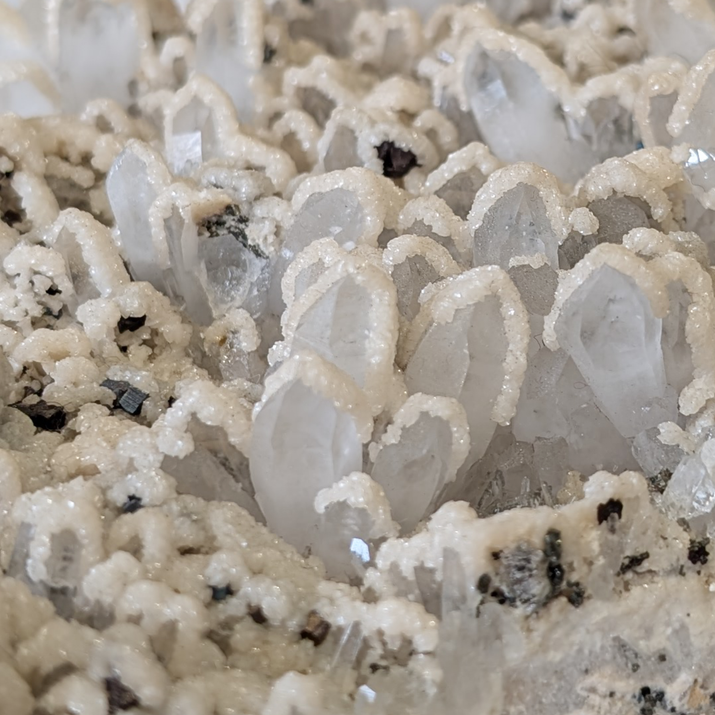 Clear Quartz, Calcite & Pyrite - 18cm x 12cm close up