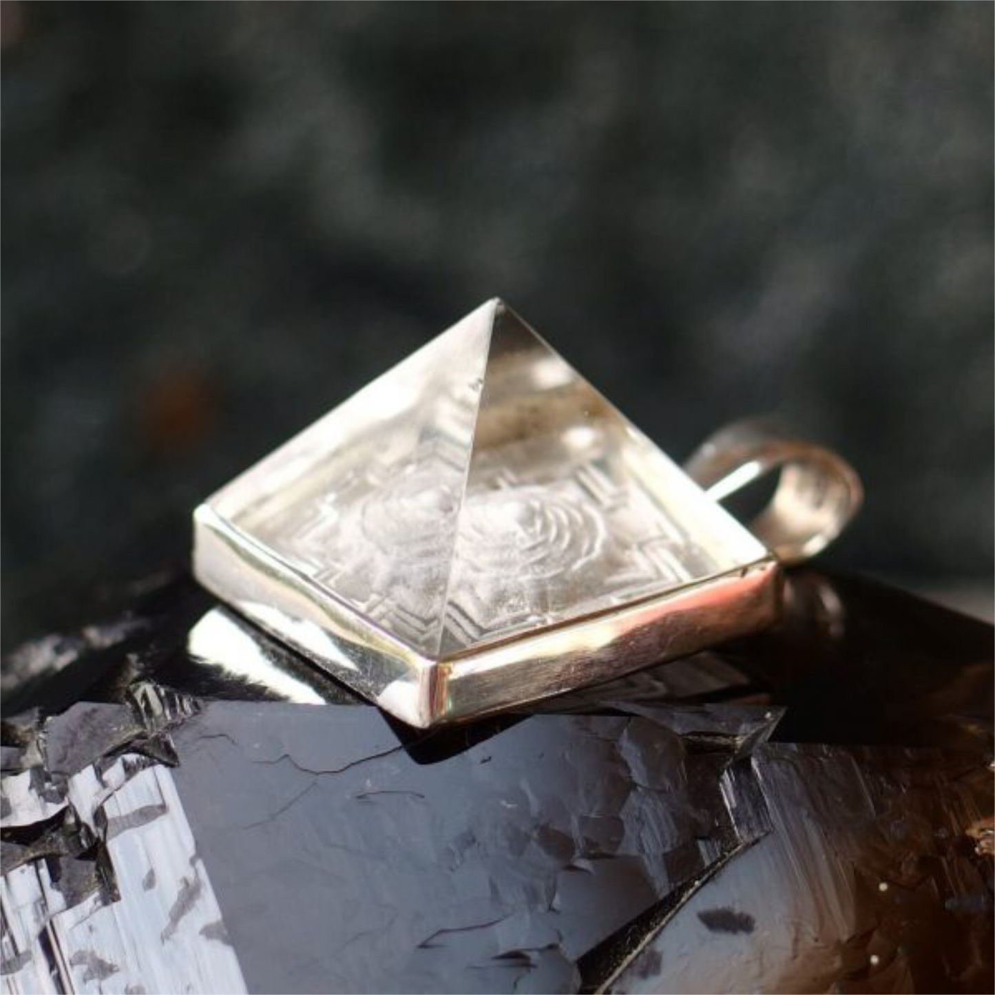 Clear Quartz Sri Yantra Pendant set in Sterling Silver