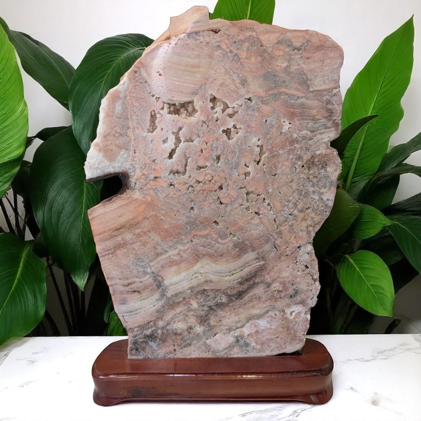 Tall Pink Amethyst Slab on Wooden Stand - 40cm Tall