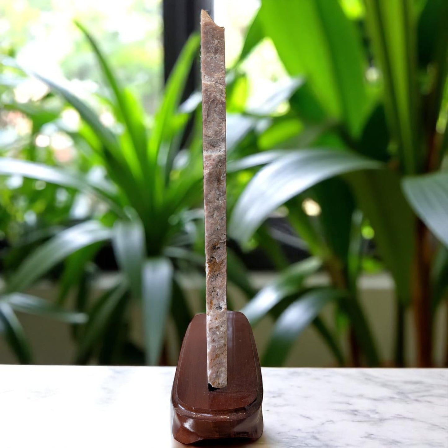 Tall Pink Amethyst Slab on Wooden Stand - 40cm Tall