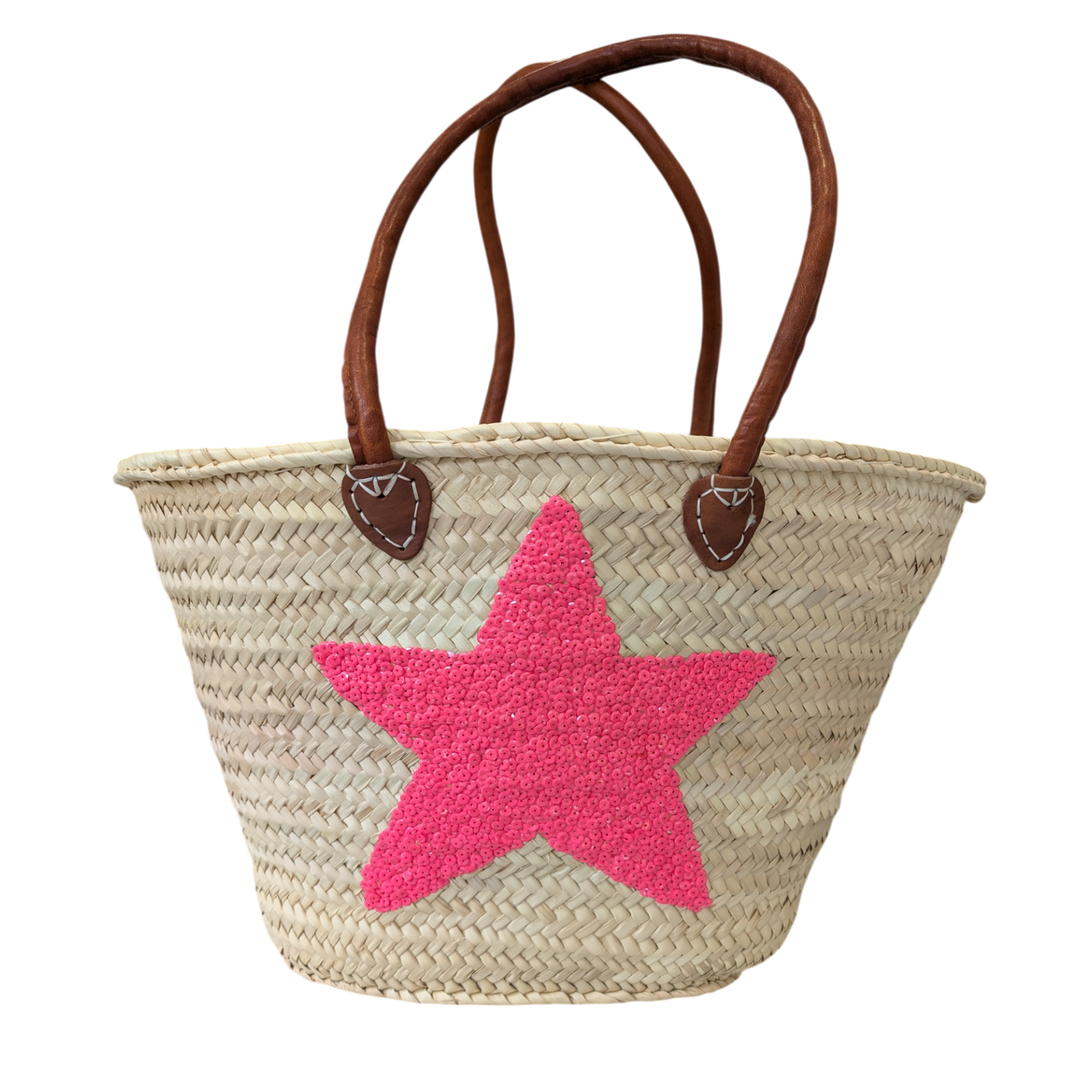 Pink Sequins Star Straw Bag with Leather Handles