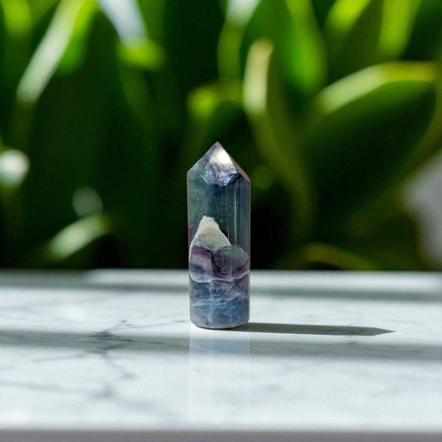 Rainbow Fluorite Obelisk - 7.5cm x 2.5cm on marble 3