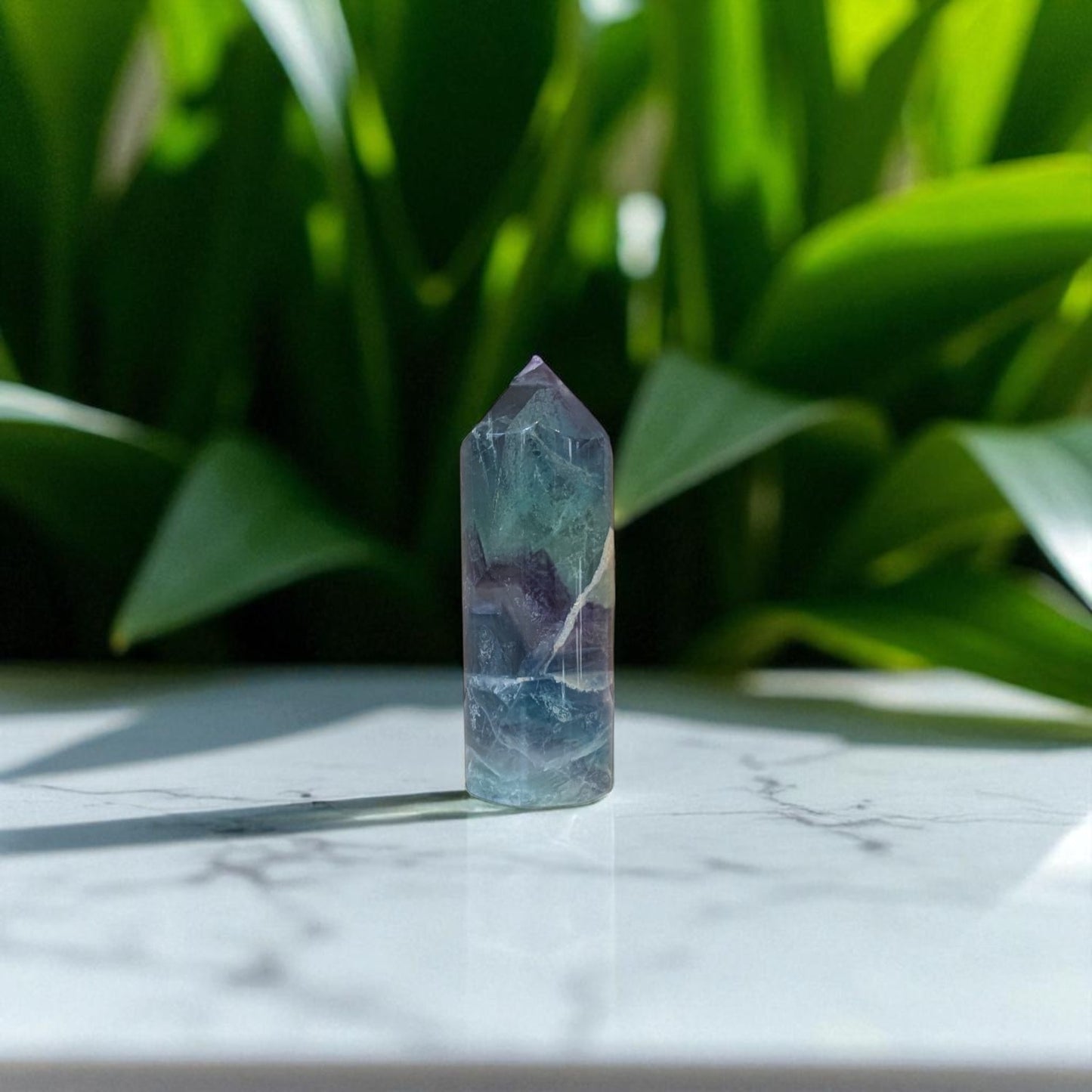Rainbow Fluorite Obelisk - 7.5cm x 2.5cm on marble 2