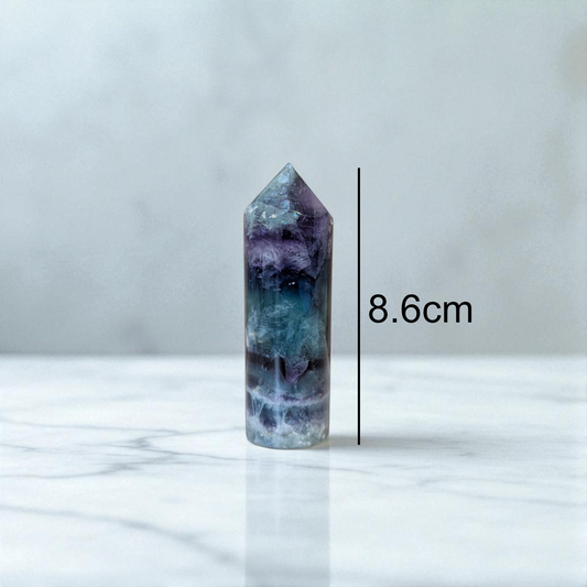 Rainbow Fluorite Obelisk - 8.6cm x 2.7cm on marble with size