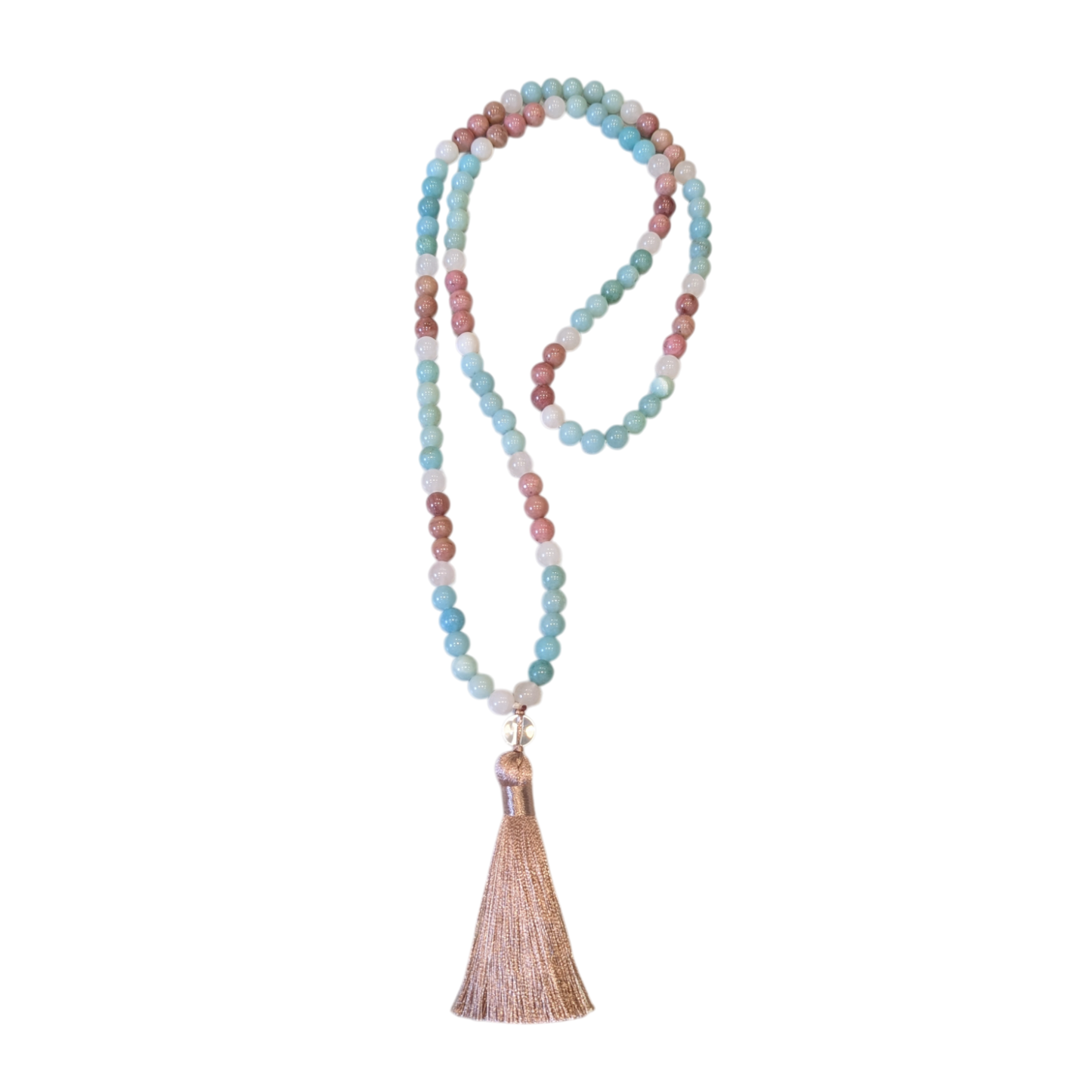 Rhodonite, Clear Quartz & Blue Chalcedony Mala with Tassel