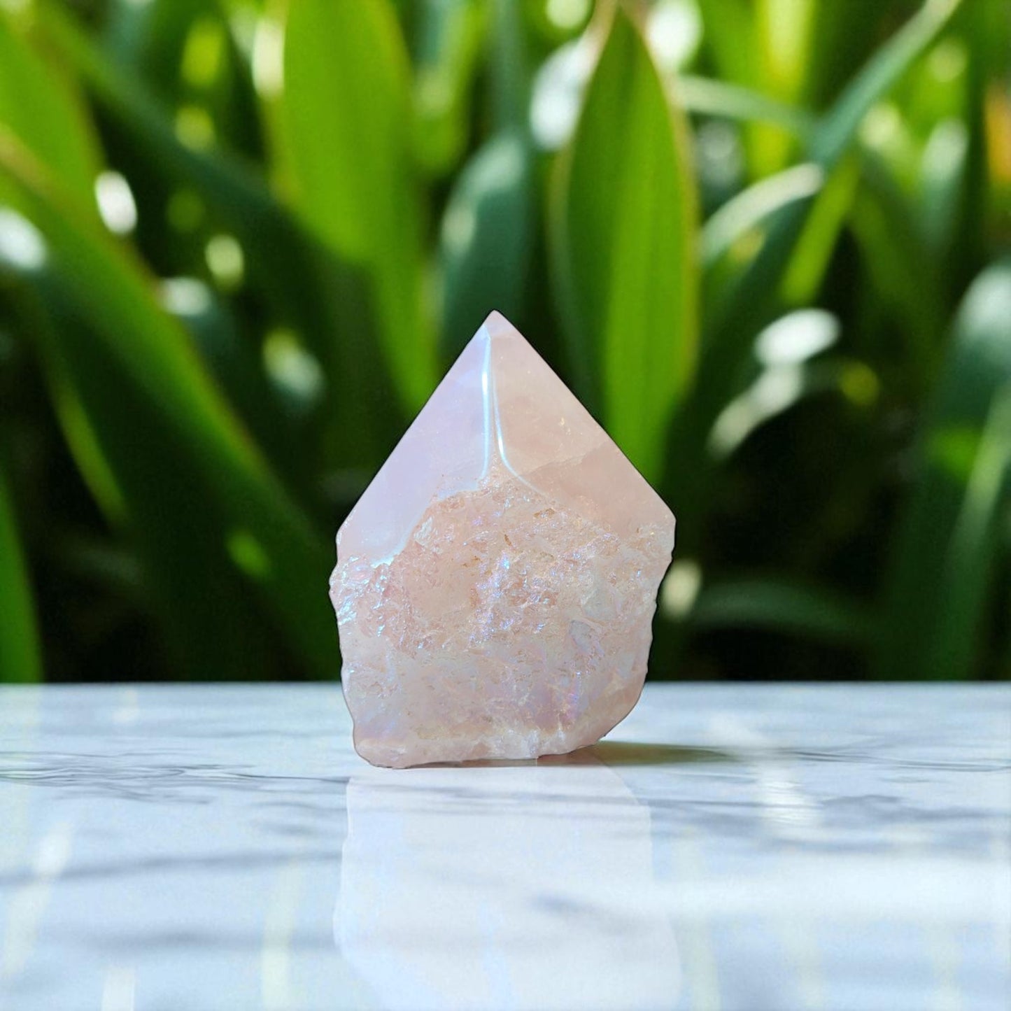 Rose Aura Quartz Point - 8cm x 6cm on marble top 1