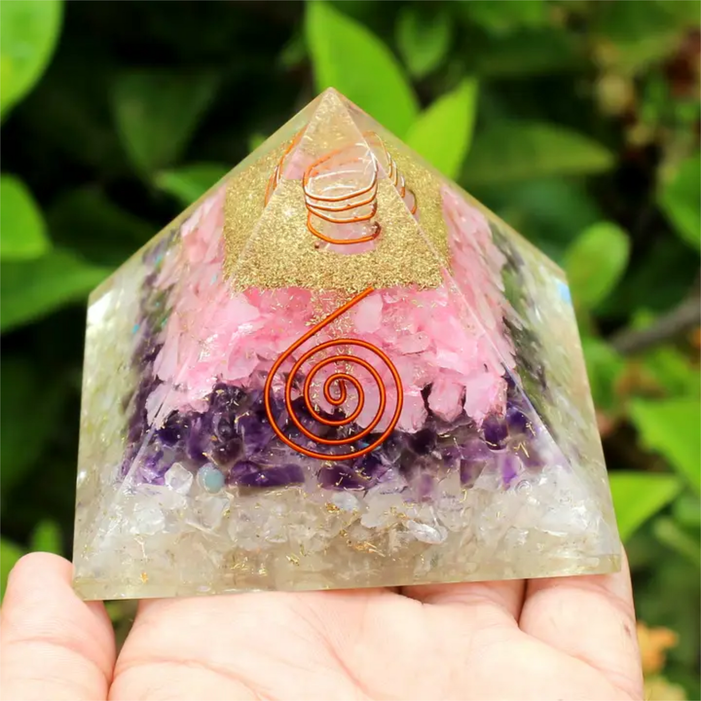 Rose Quartz, Amethyst and Clear Quartz Orgonite Pyramid