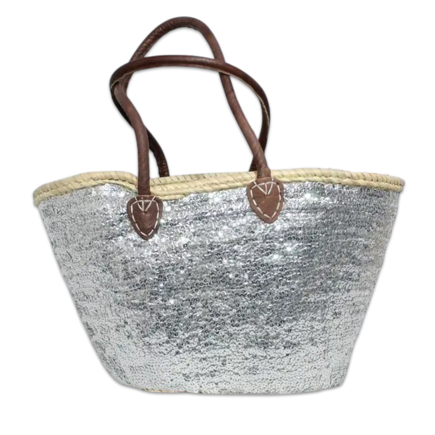 Silver Sequins Straw Bag with Leather Handles