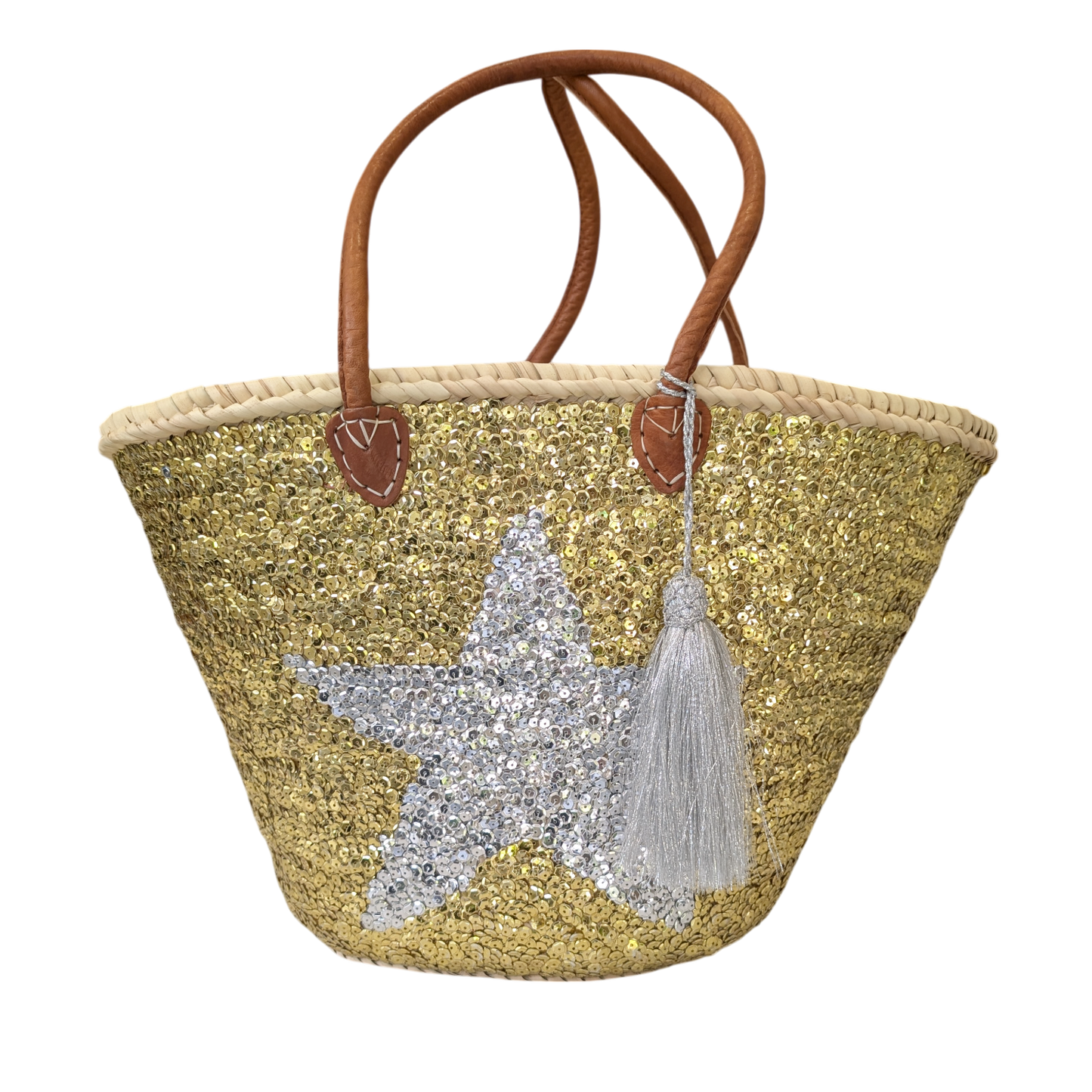 Silver Star on Gold Sequins Straw Bag with Tassel