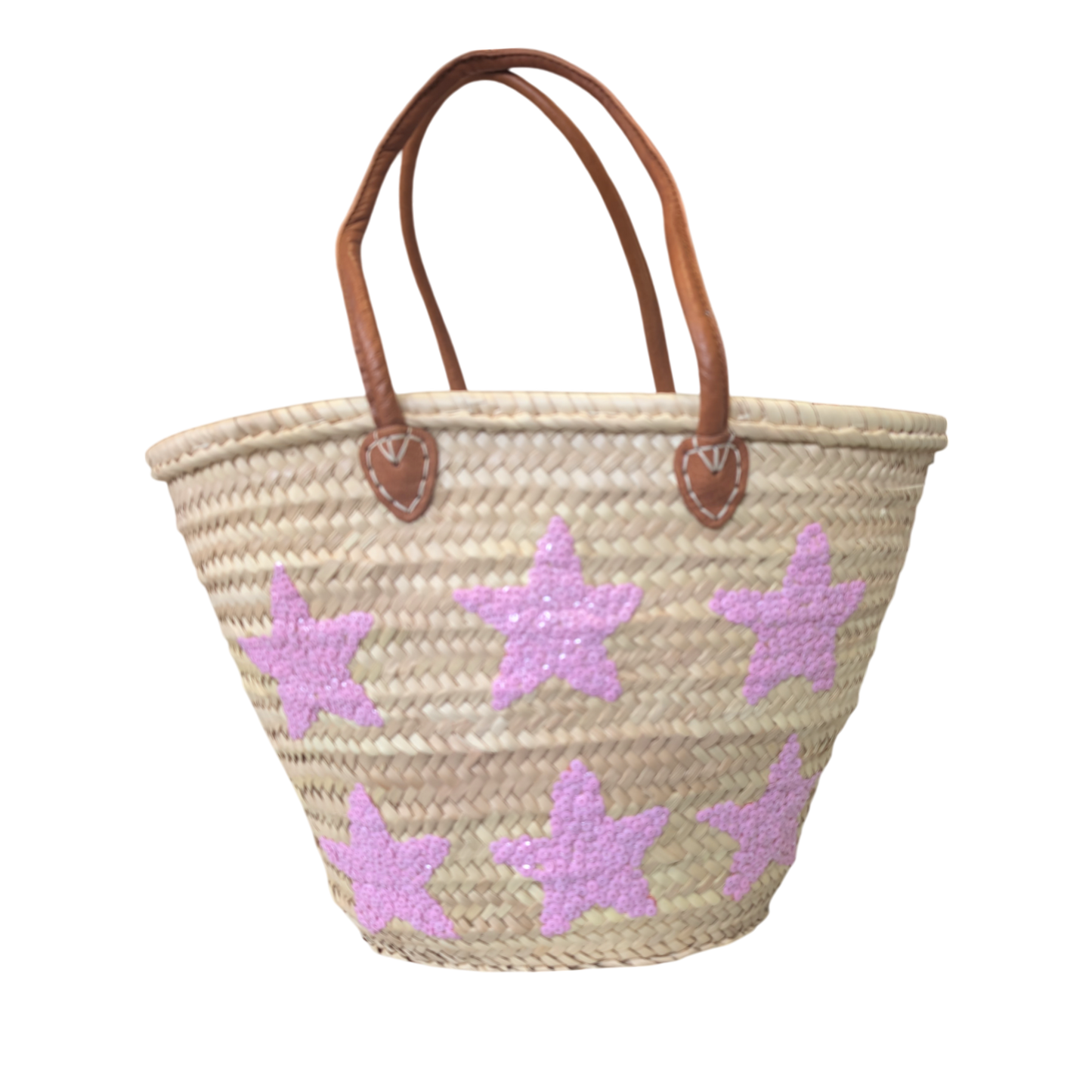 Straw Tote Bag with Pink Sequin Stars & Long Leather Handles