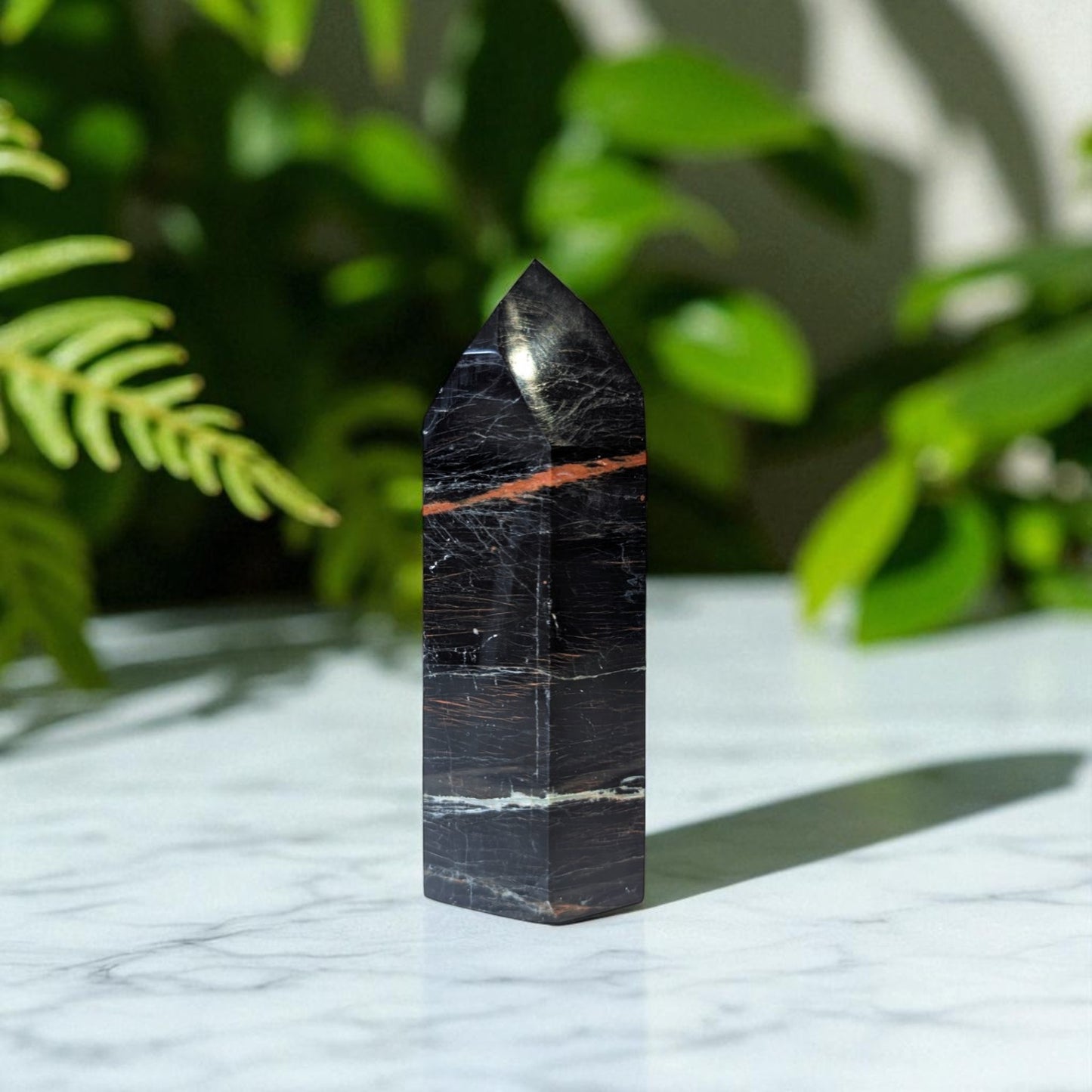 Black Tourmaline, Hematitie & Iron Point - 10cm x 4cm on marble