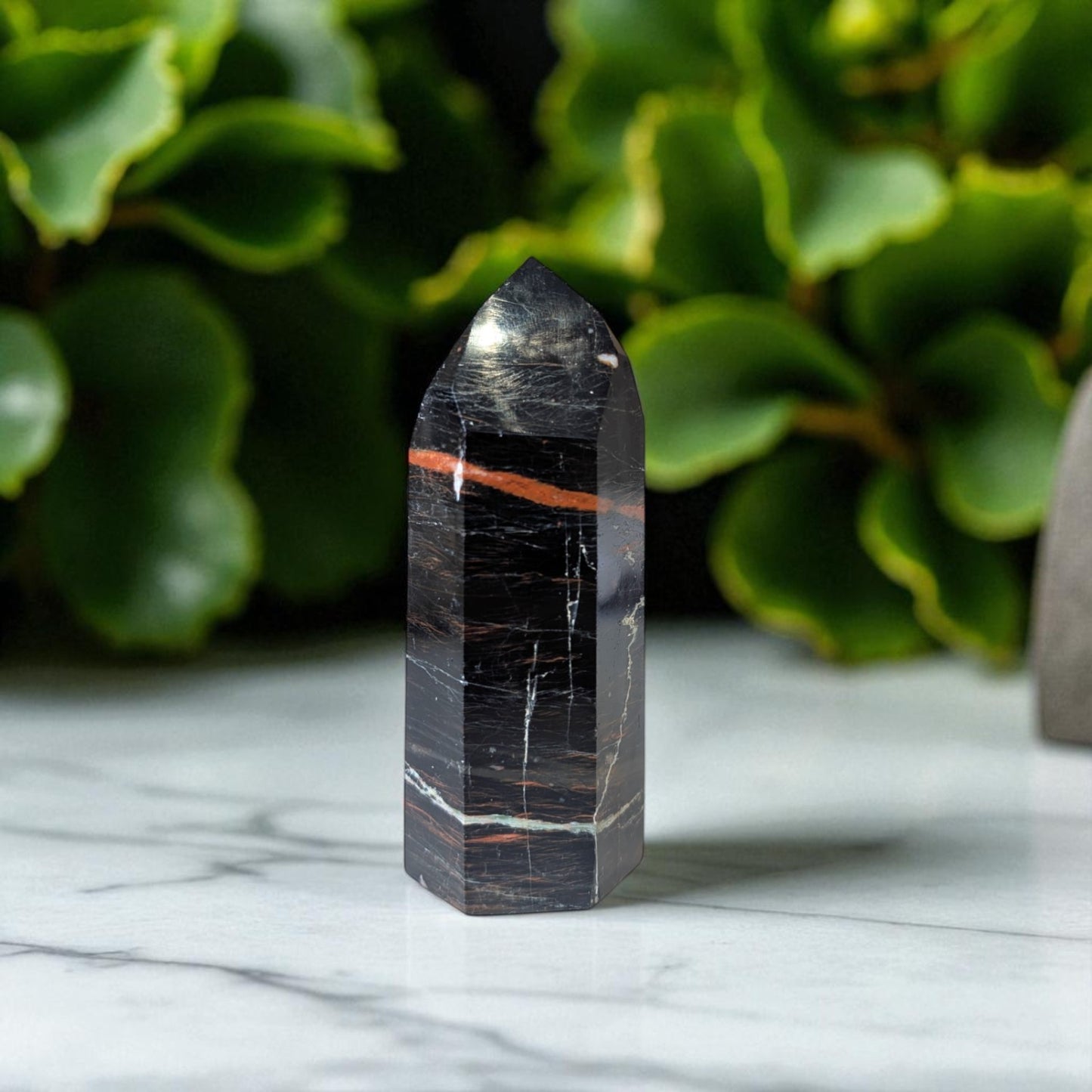 Black Tourmaline, Hematitie & Iron Point - 10cm x 4cm on marble 3