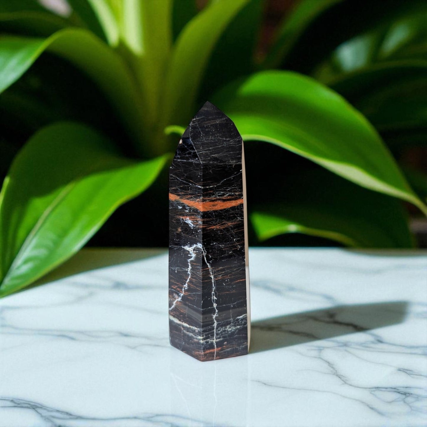 Black Tourmaline, Hematitie & Iron Point - 10cm x 4cm on marble 2
