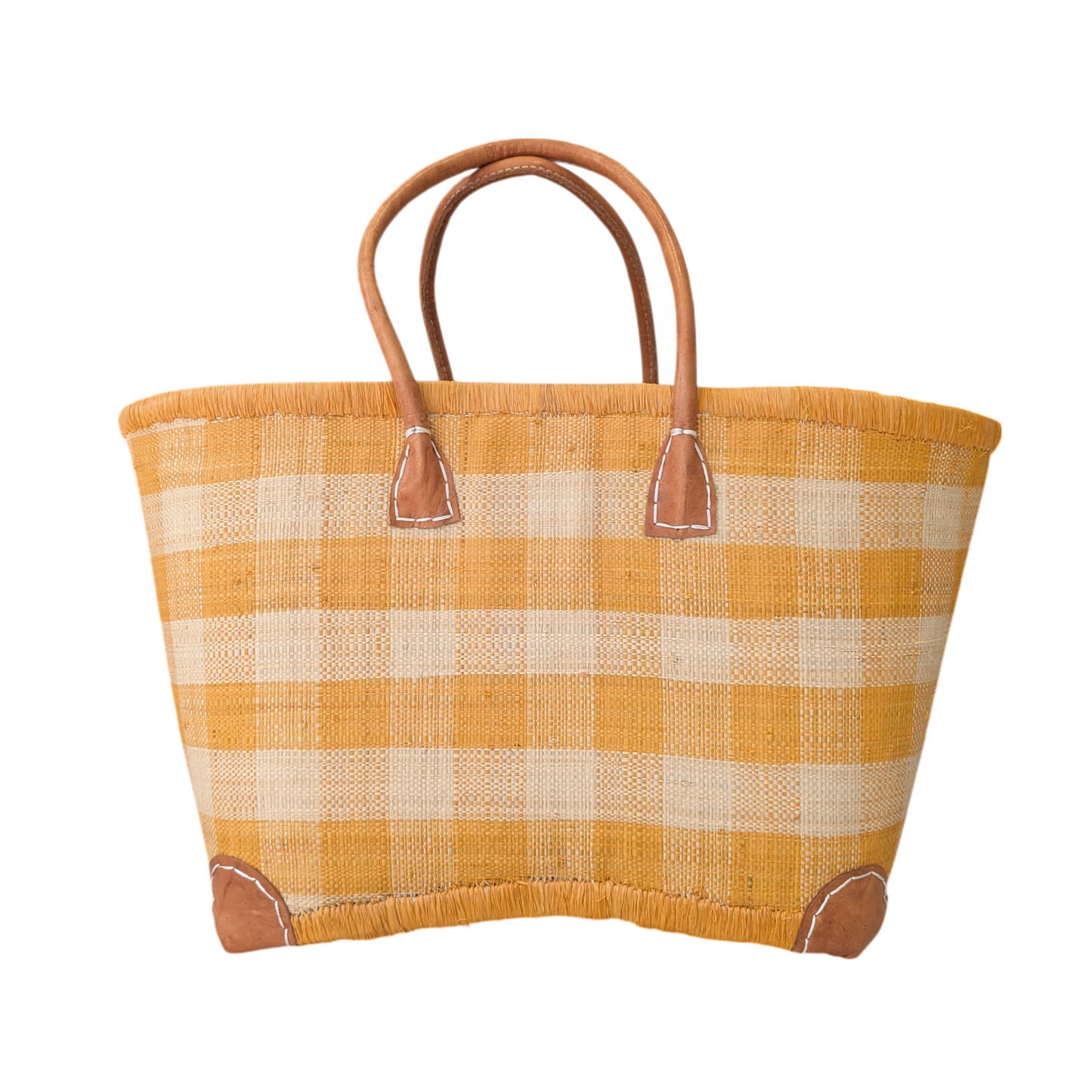 Yellow Chequered Straw Bag with Leather Handles
