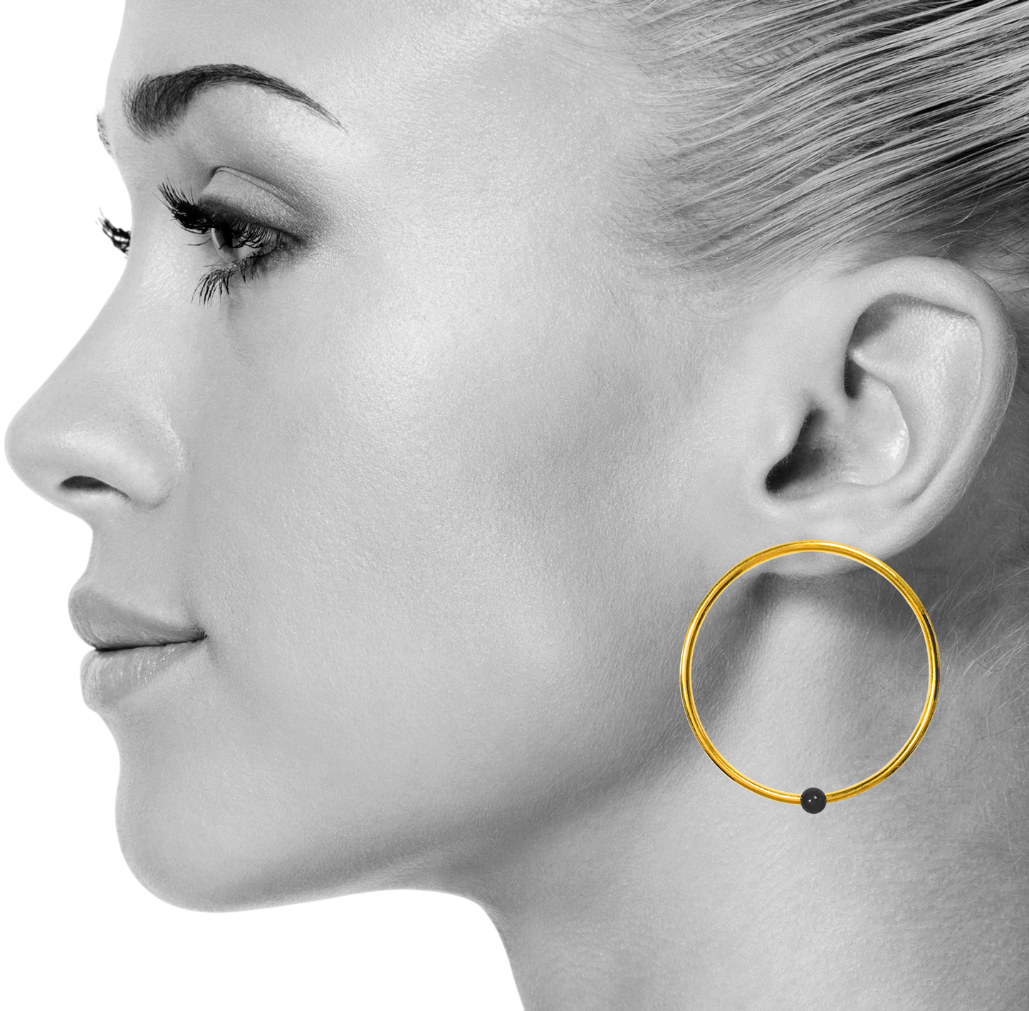 Black Onyx Hoop Earrings on model