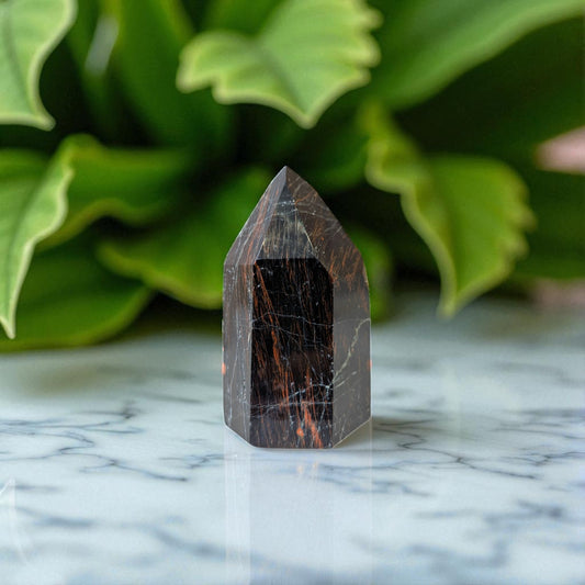 Black Tourmaline, Hematite & Iron Point - 8cm x 4cm on marble