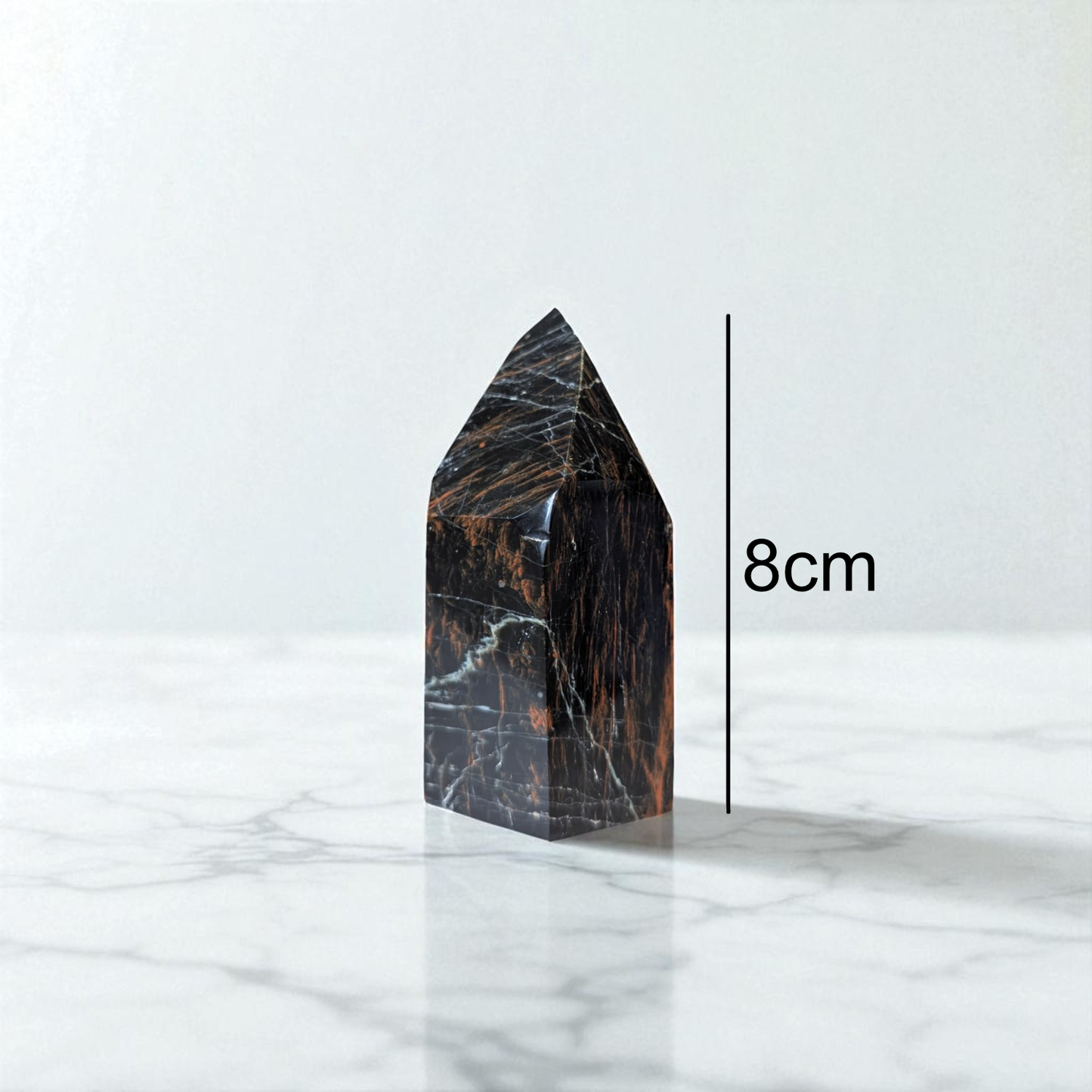 Black Tourmaline, Hematite & Iron Point - 8cm x 4cm on marble with size