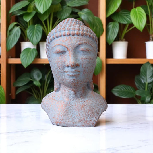 Concrete Buddha head with Blue Copper Patina - 18cm Tall