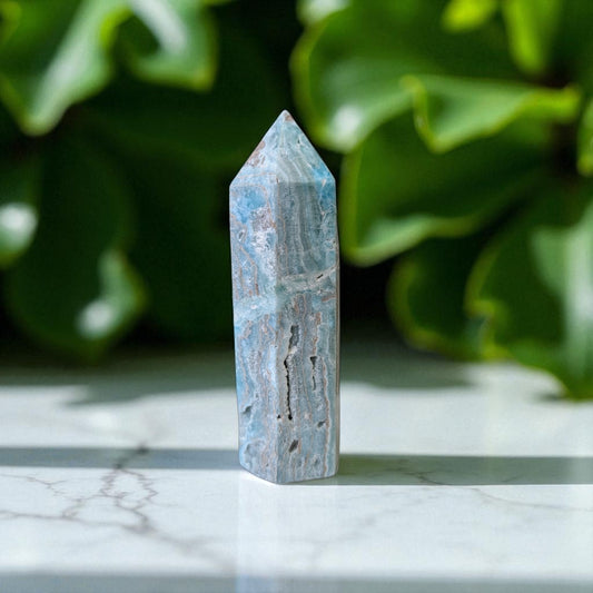 Caribbean Calcite Obelisk- 12 cm x 4cm on marble top 3