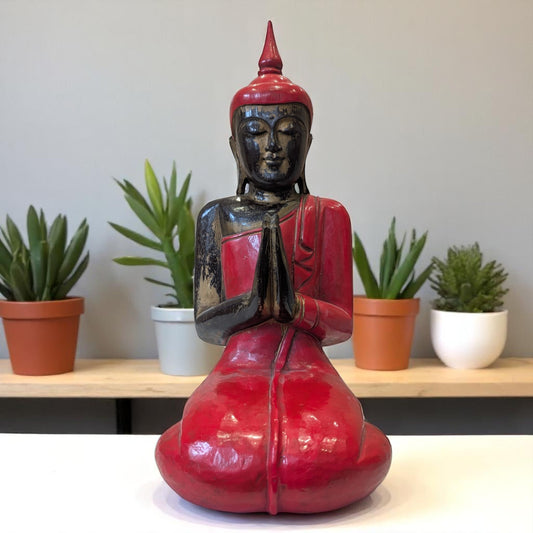Carved wooden buddha red front with plants