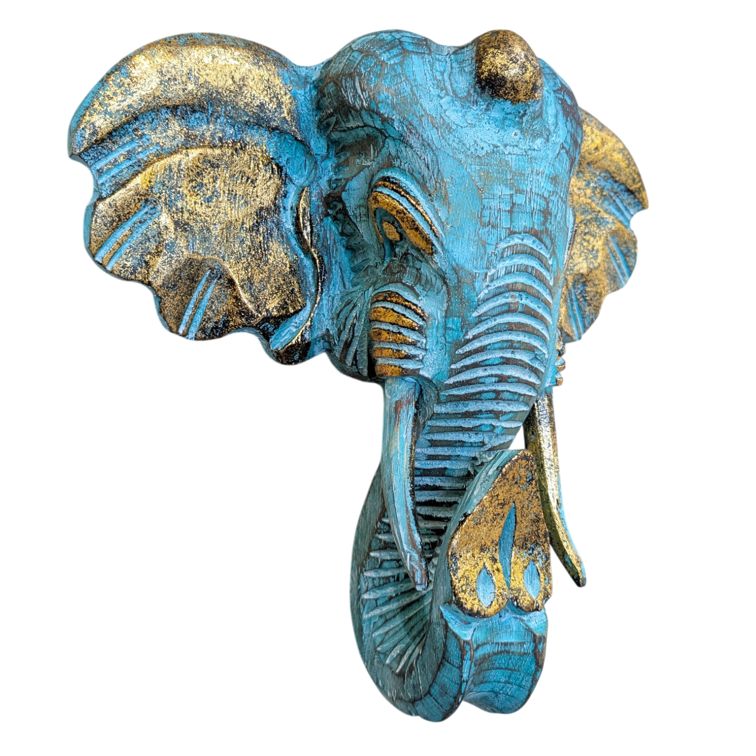 Large, carved wooden Elephant head wall hanging