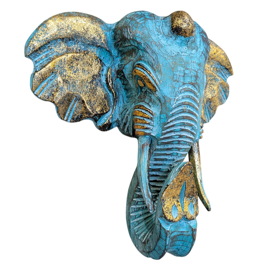 Large, carved wooden Elephant head wall hanging