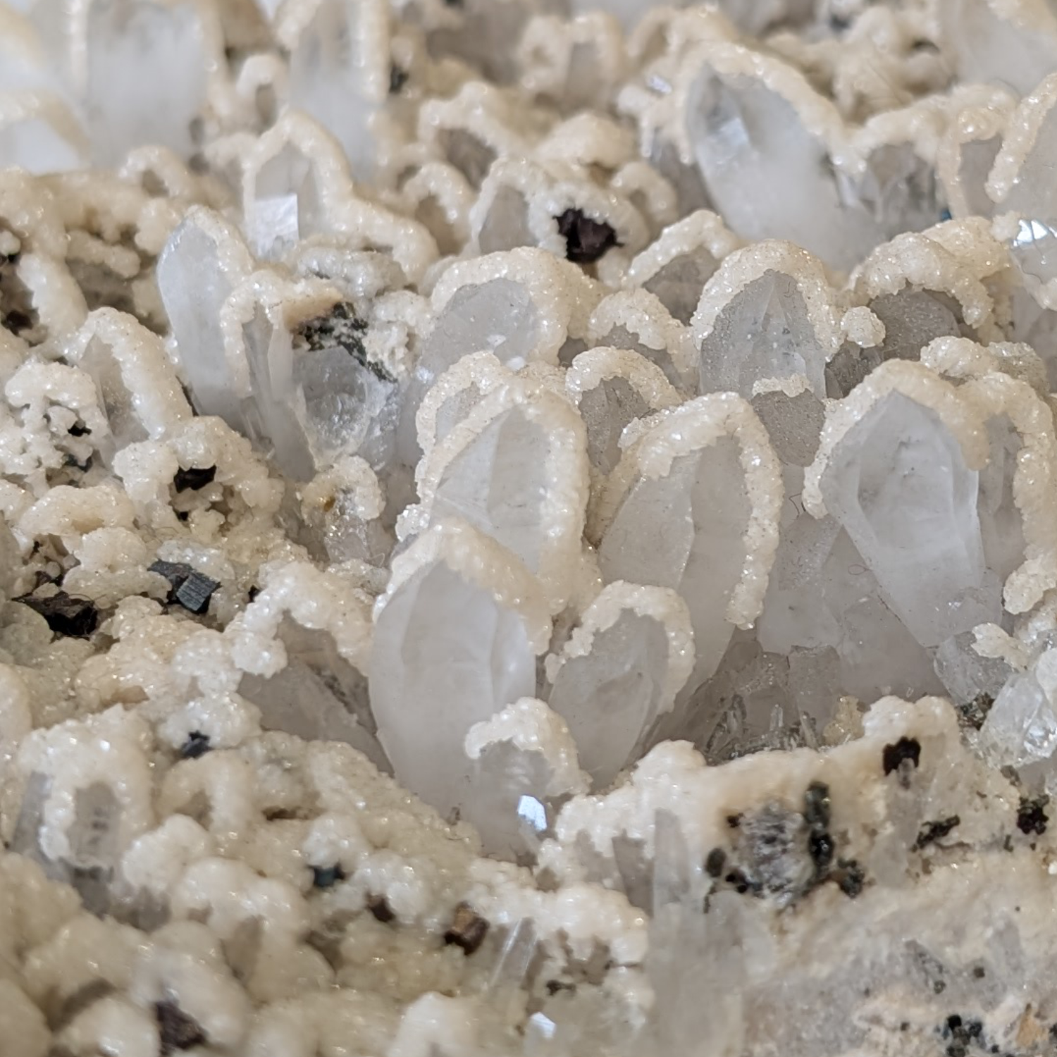 Clear Quartz, Calcite & Pyrite - 18cm x 12cm close up