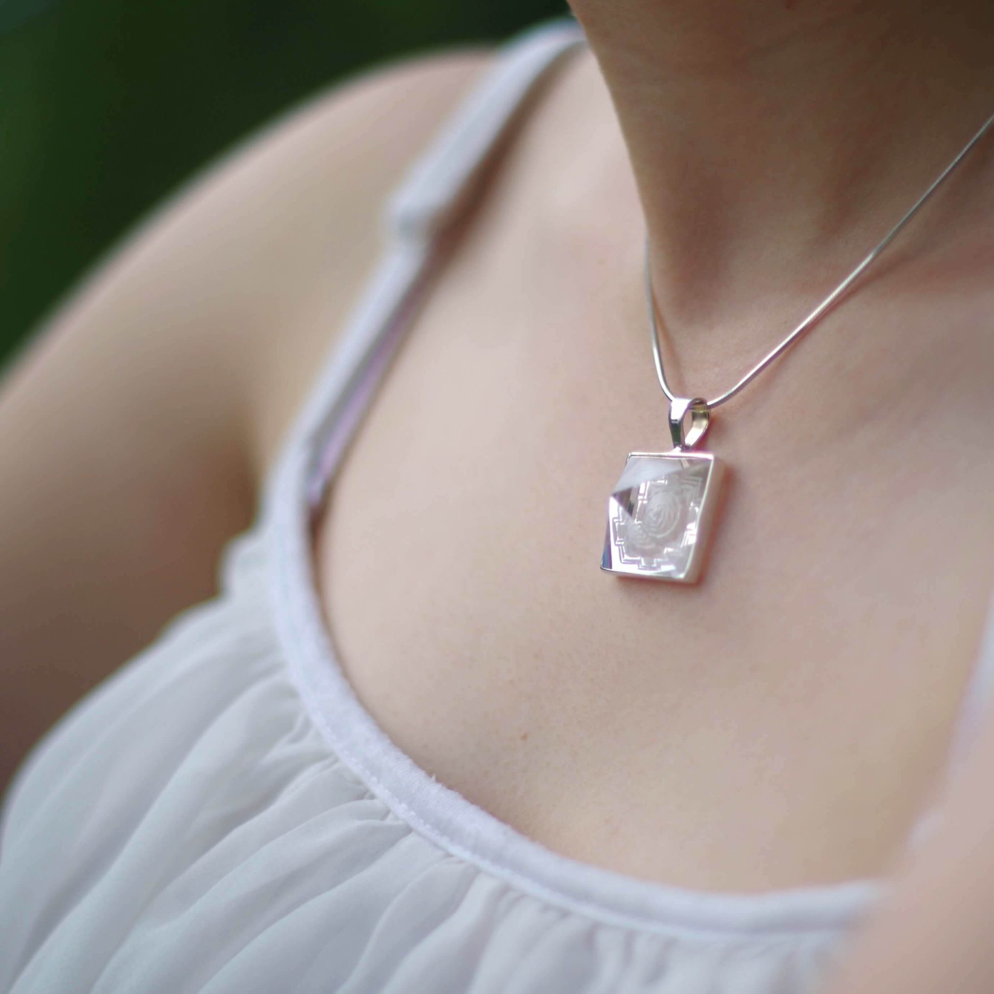 Clear Quartz Sri Yantra Pendant set in Sterling Silver