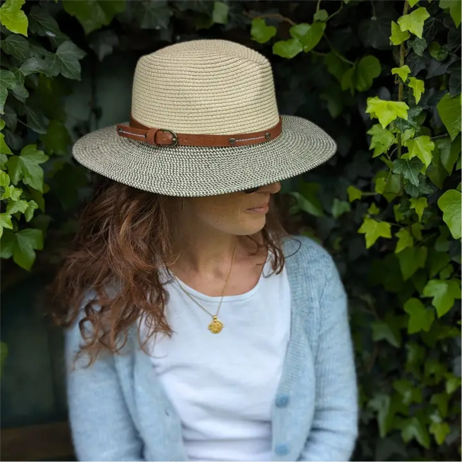 Folding Panama Style Travel Sun Hat - Mottled (59cm) on model