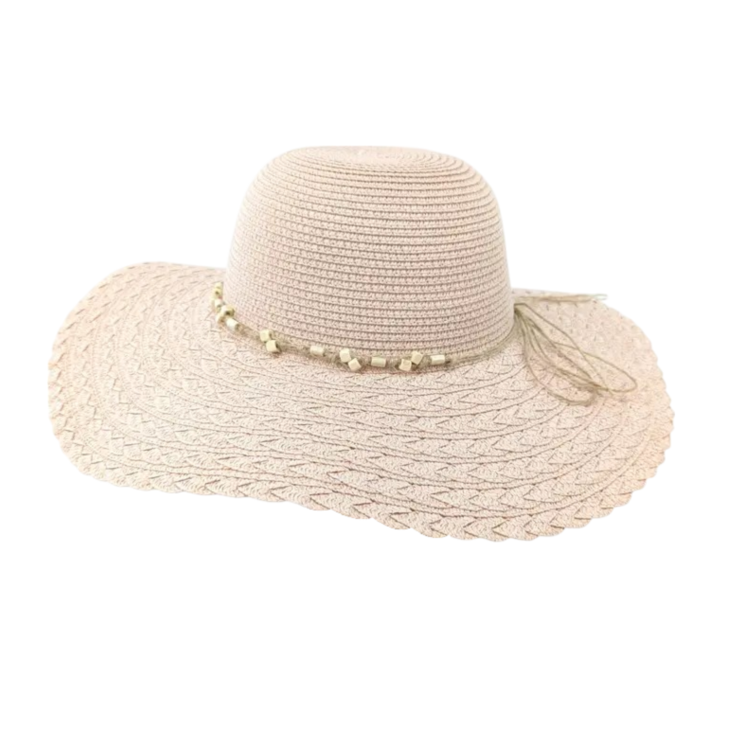 Folding Wide Brim Travel Sun Hat - Pink Beaded Band (57cm)