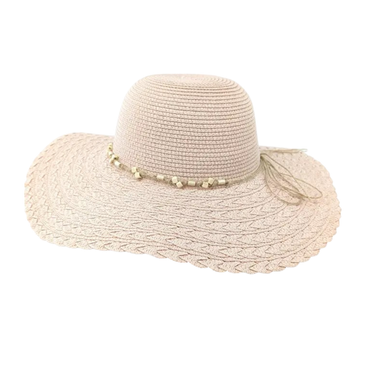 Folding Wide Brim Travel Sun Hat - Pink Beaded Band (57cm)