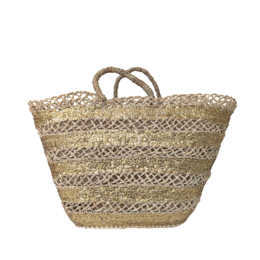 Striped Gold Sequins Straw Bag