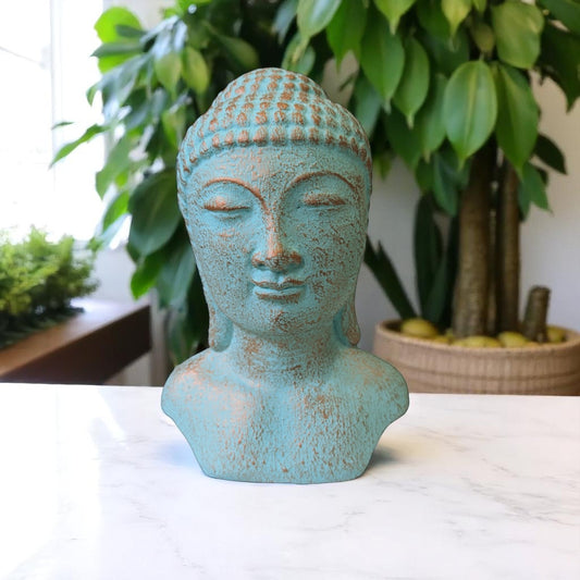Concrete Buddha head with Green Copper Patina - 18cm Tall