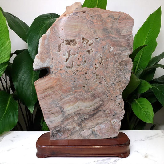 Tall Pink Amethyst Slab on Wooden Stand - 40cm Tall