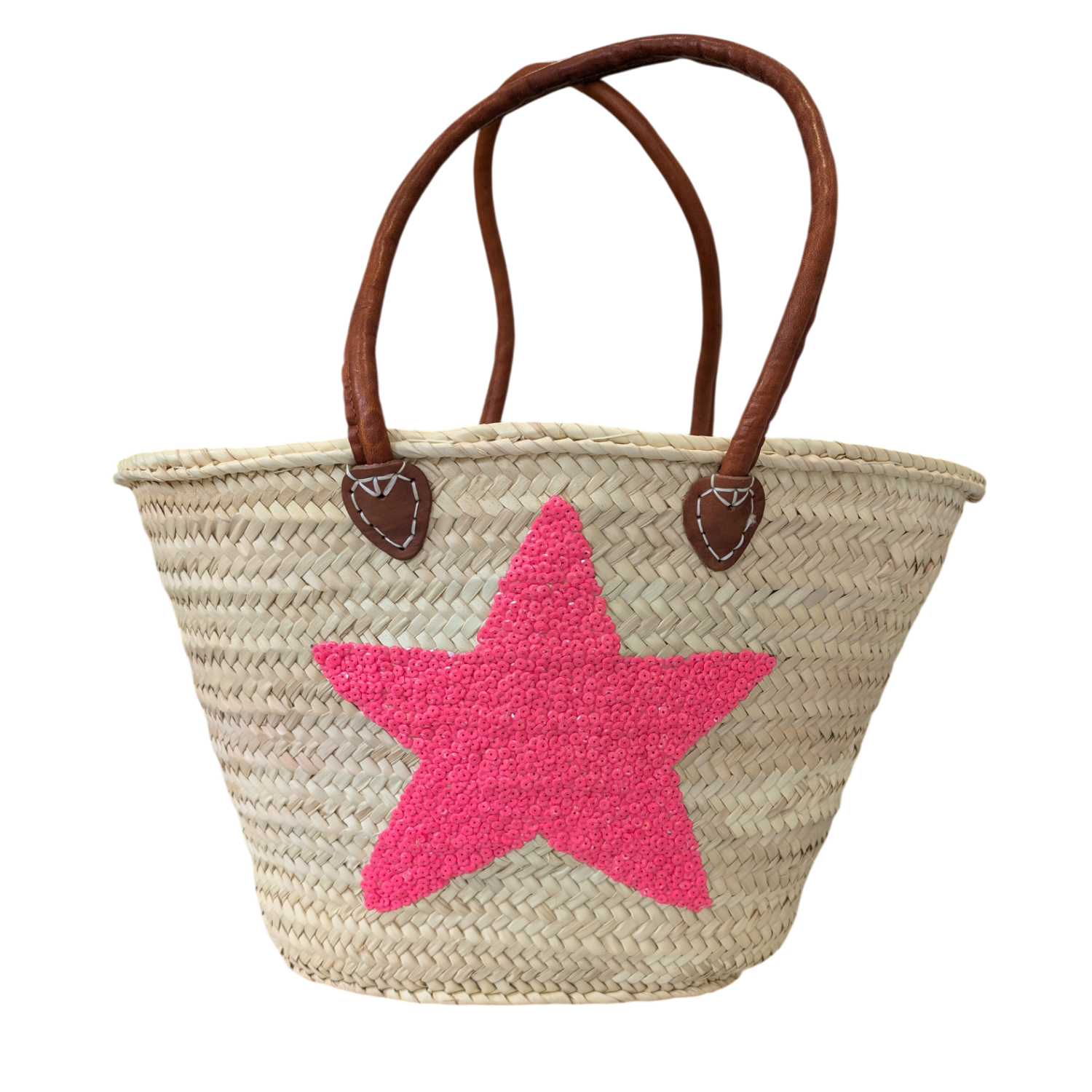 Pink Sequins Star Straw Bag with Leather Handles