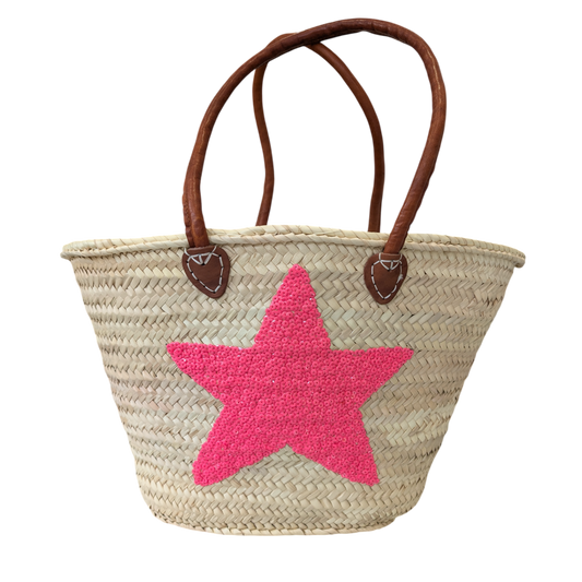 Pink Sequins Star Straw Bag with Leather Handles