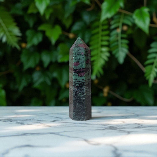 Ruby Zoisite Obelisk - 9.5cm x 2.3cmon marble