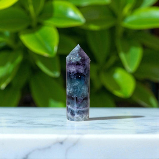 Rainbow Fluorite Obelisk - 8.6cm x 2.7cm on marble