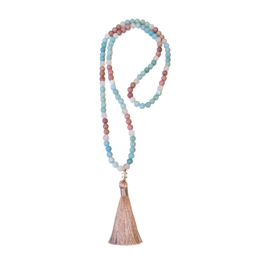 Rhodonite, Clear Quartz & Blue Chalcedony Mala with Tassel