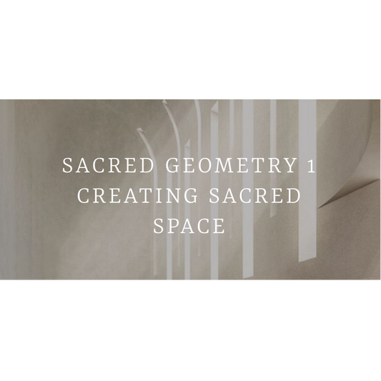 Text 'SACRED GEOMETRY 1 CREATING SACRED SPACE' on a beige background with abstract design.