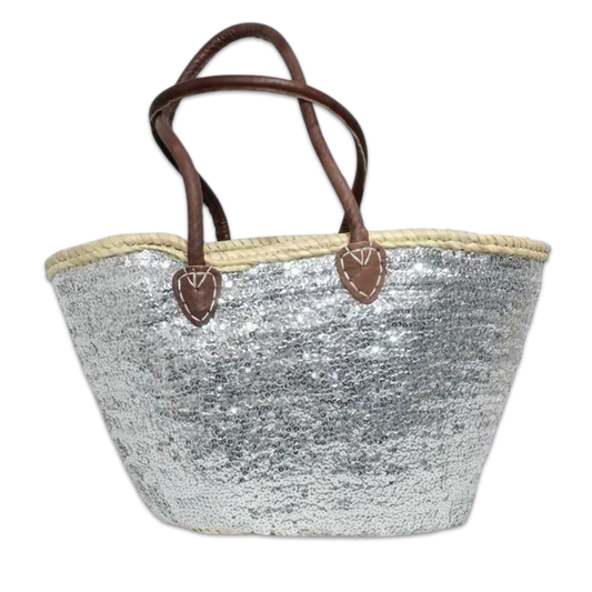 Silver Sequins Straw Bag with Leather Handles