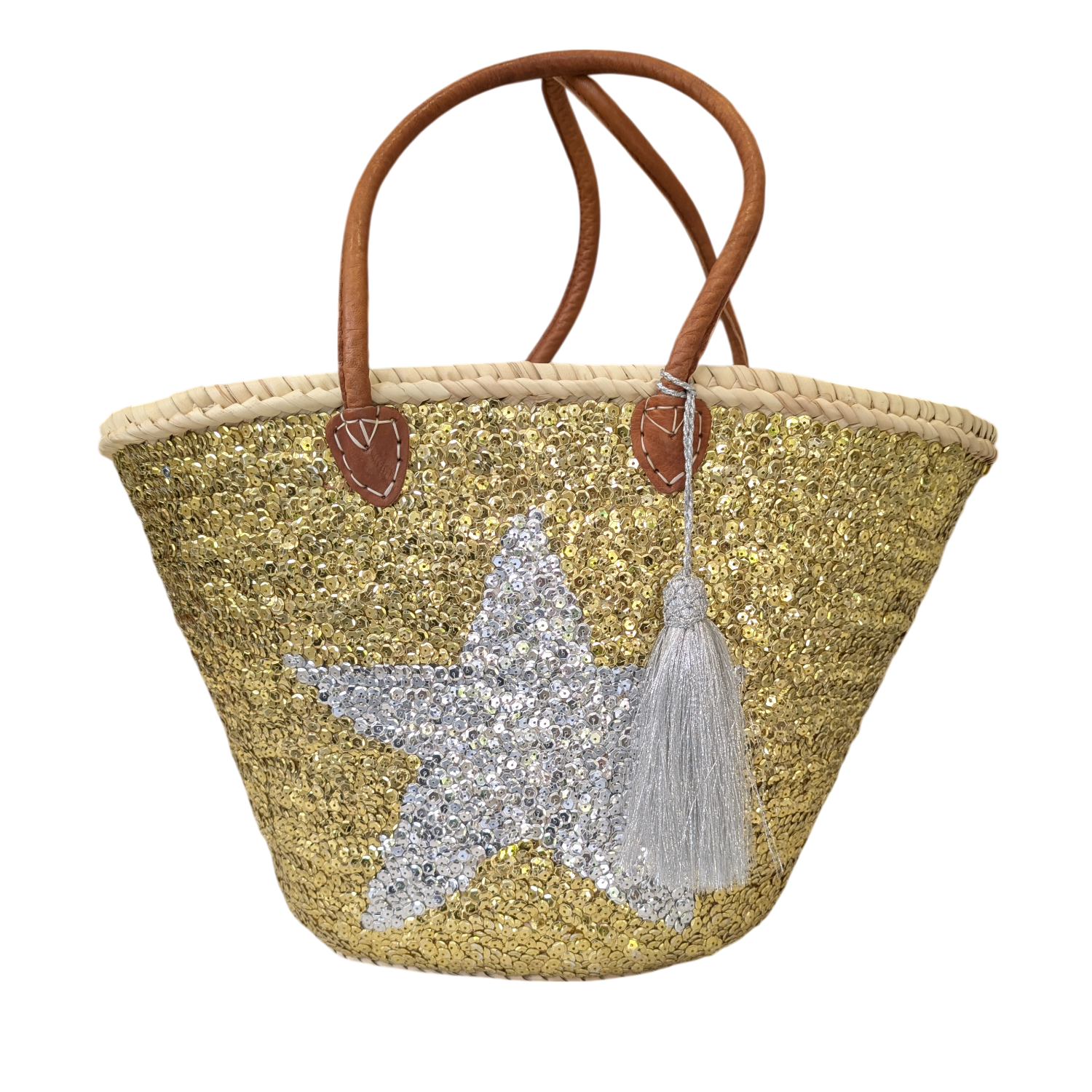 Silver Star on Gold Sequins Straw Bag with Tassel