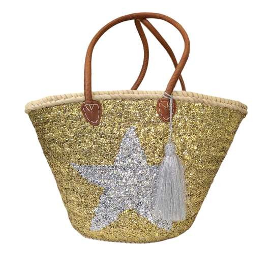 Silver Star on Gold Sequins Straw Bag with Tassel