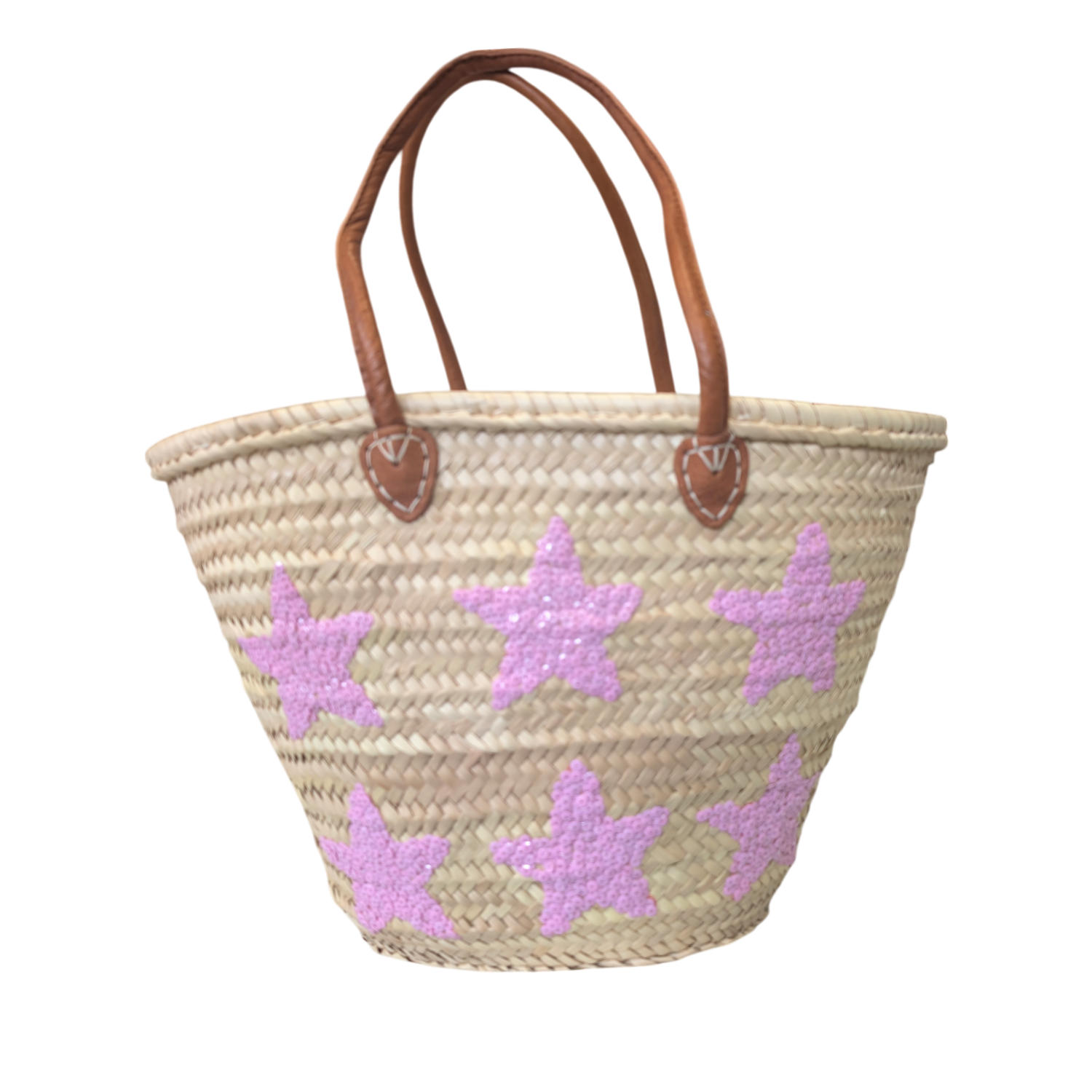 Straw Tote Bag with Pink Sequin Stars & Long Leather Handles