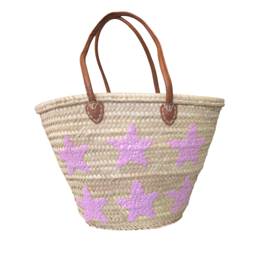 Straw Tote Bag with Pink Sequin Stars & Long Leather Handles