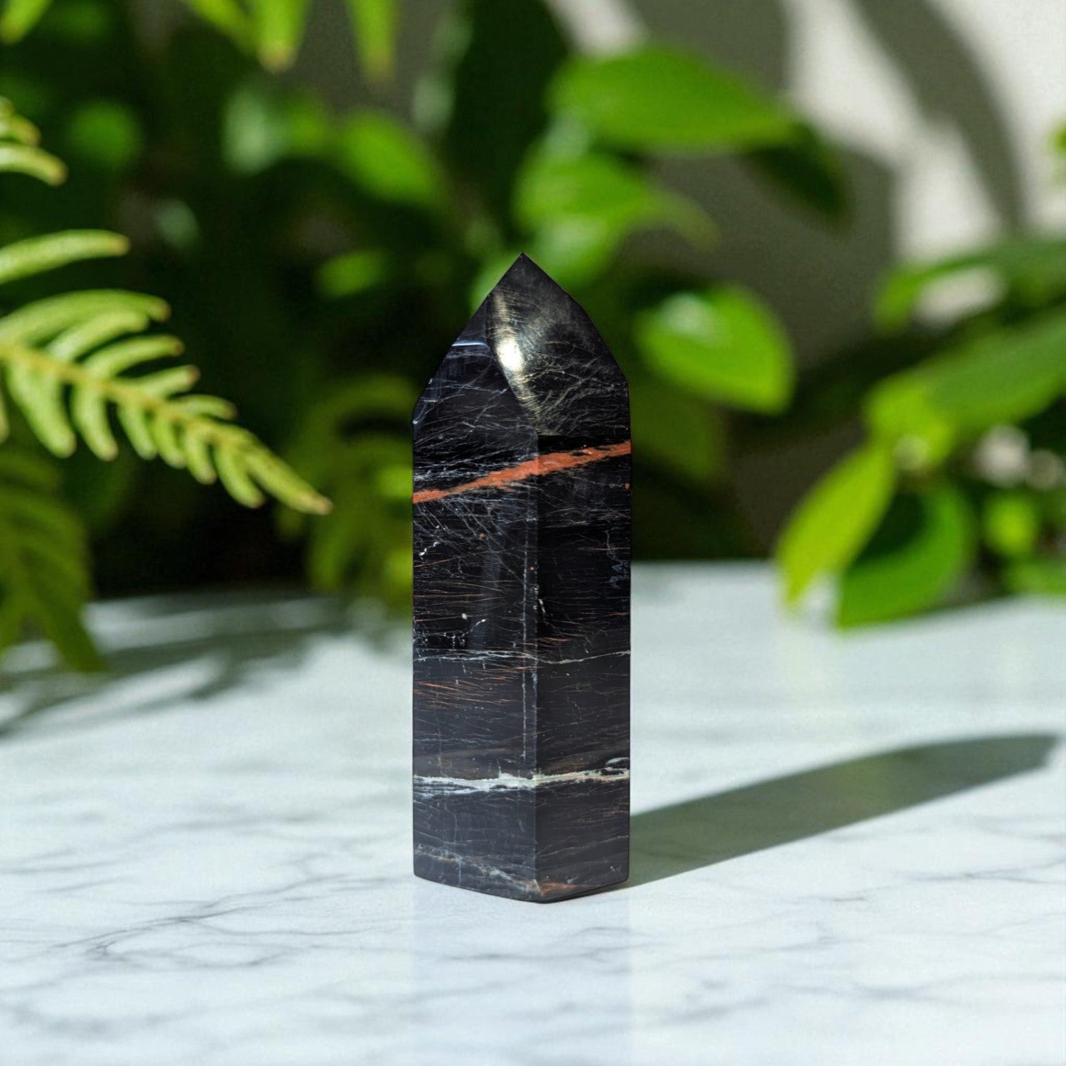 Black Tourmaline, Hematitie & Iron Point - 10cm x 4cm on marble