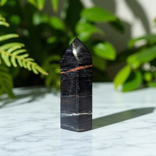 Black Tourmaline, Hematitie & Iron Point - 10cm x 4cm on marble